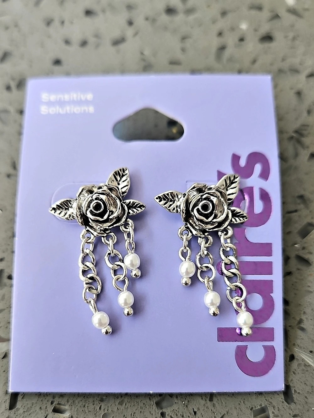 Claires Floral Rose Chain Drop Earrings Silver & White NWT
